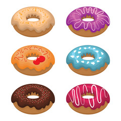 Glazed colored donuts install 3D. Vector illustration on white isolated background