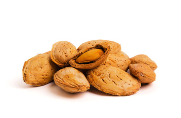 Macro view of shelled almond. Almonds in their shells.