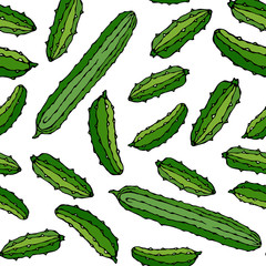 Vector Seamless Pattern with Different Types of Cucumbers. Long English Slicing, Pickling, Gherkin, Pickles, Burpless. Fresh Green Vegetable. Vegetarian Cuisine. Savoyar Doodle Style.