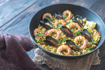 Seafood paella in the pan