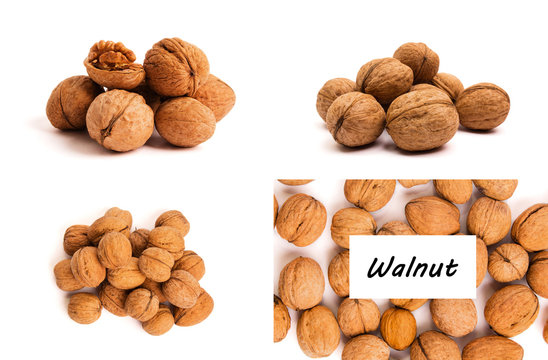 Group of walnuts on white. Healthy food concept.View above.