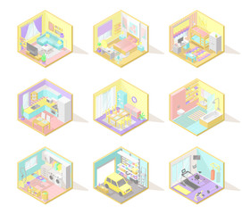 Vector big set of isometric home interiors: living room, bed room, kids room, kitchen, bath, garage and other in pastel colors
