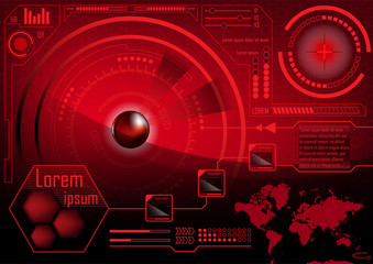 Fototapeta na wymiar HUD GUI Radar monitor screen. Futuristic game technology outer space background. Red User interface world map, business abstract infographic template. Vector.