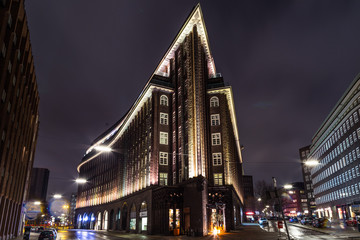 Fototapeta na wymiar Landmark Brick Expressionism style Chilehaus in Hamburg, Germany at night