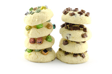 colorful chocolate chip cookies isolated white background