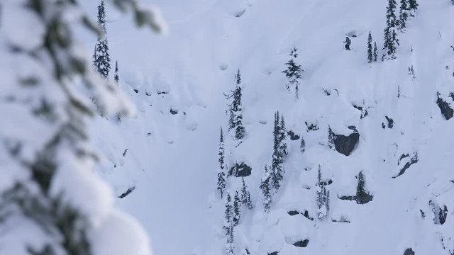 Tilt down, skier carves down mountain slope