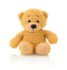 Cute bear doll isolated on white background with shadow reflection. Playful bright brown bear sitting on white underlay.