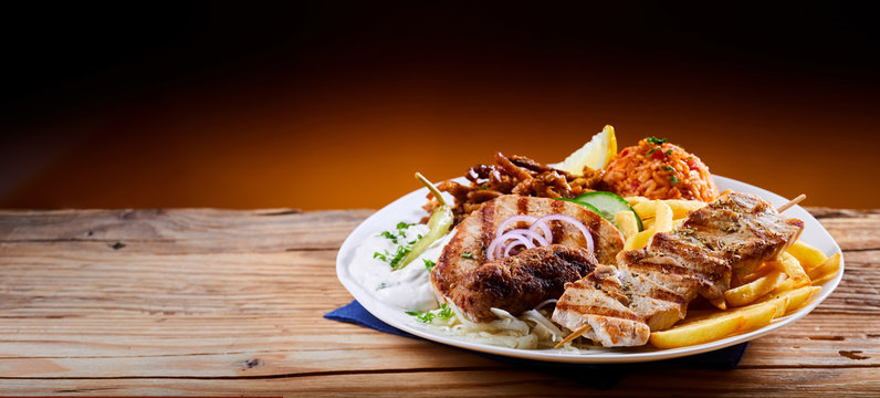 Banner with traditional Greek mixed grill platter