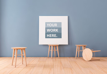 Square Canvas Mockup on Wooden Barstool 2