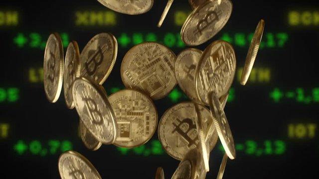 Cryptocurrency Bitcoin coins falling  course ticker background