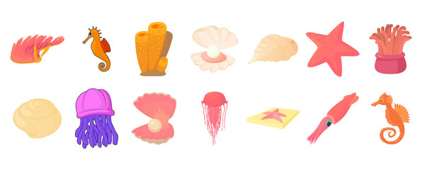Sea creature icon set, cartoon style
