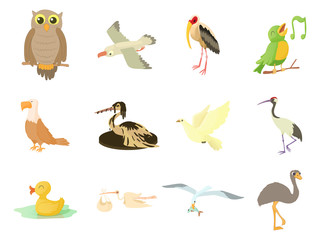 Birds icon set, cartoon style