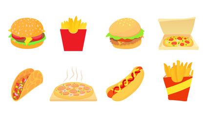 Fast food icon set, cartoon style