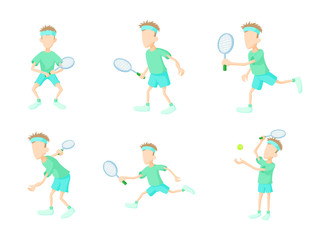 Tennisman icon set, cartoon style