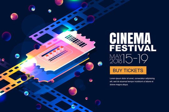 Vector glowing neon cinema festival banner. Cinema tickets in 3d isometric style on abstract night cosmic sky background. Design template with copy space for movie poster, sale theatre tickets.