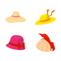 Woman hat icon set, cartoon style