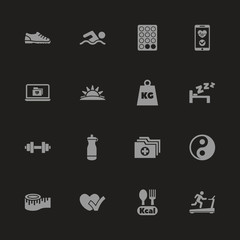 Healthy Living icons - Gray symbol on black background. Simple illustration. Flat Vector Icon.