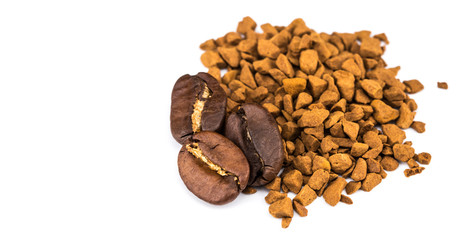 instant coffee and coffee bean over white background. Close up