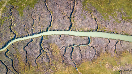 Drone view of a delta where the river with its multiple branches flows into the sea