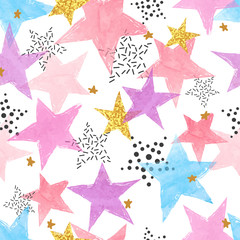 Abstract celebration background with watercolor stars. Colorful vector seamless pattern.