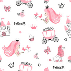 Seamless Princess pattern with cute girls, castles and carriages. Vector background. © Afanasia
