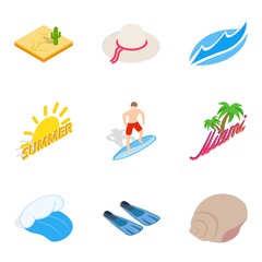 Beachfront icons set, isometric style