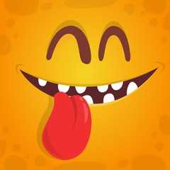 Lovely cute cartoon monster face with hanging tongue. Vector Halloween orange monster