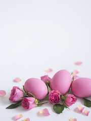 Easter greeting card with Easter eggs and pink roses on white background with copy space.