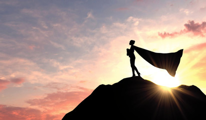 Silhouette of a superhero business woman wearing a cape against a bright sky. 3D Rendering