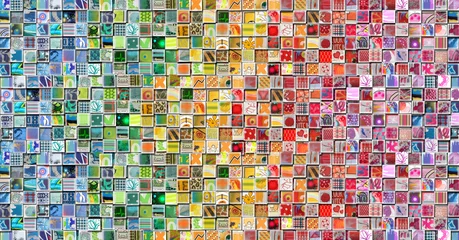 Foto auf Acrylglas Mosaik Abstrakter Regenbogenhintergrund mit kleinen Illustrationen