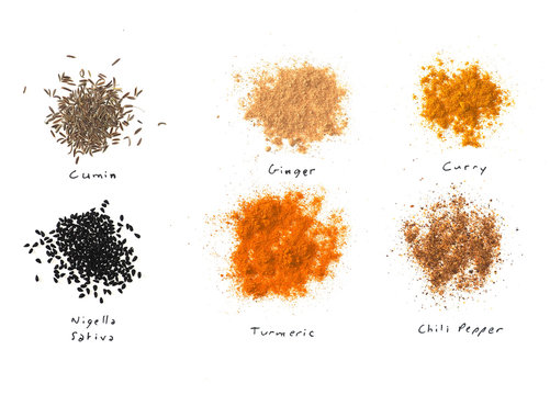 many spices including Ginger Curry Turmeric Chili pepper Black cumin Nigella sativa over white