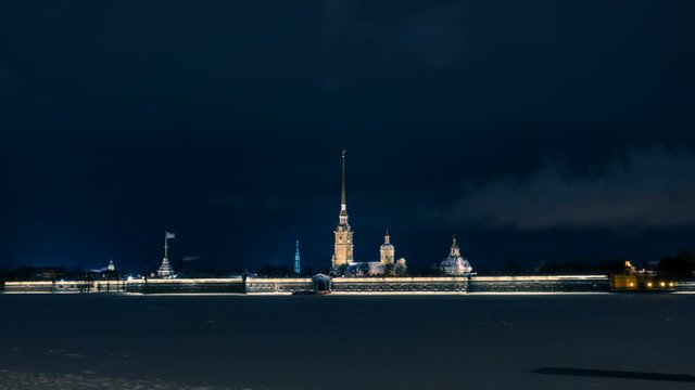 night view of Paul and Peter fortress in Saint Petersburg city at the winter
