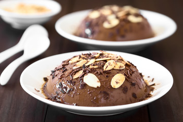 Chocolate pudding or flan with caramel sauce, roasted almond slices and chocolate shavings, photographed with natural light (Selective Focus, Focus in the middle of the image)