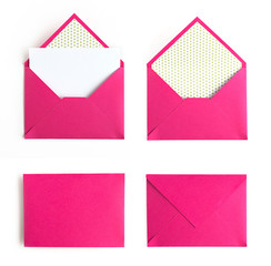 Pink envelope set isolated on white background, top view