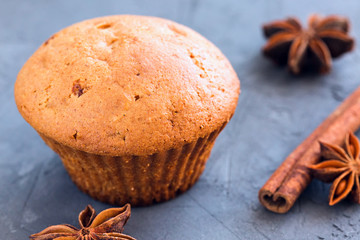 Chocolate chip muffin with cinnamon and star anise close-up