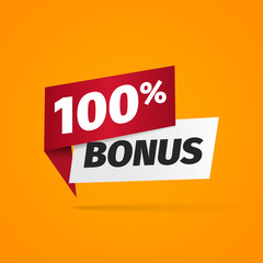100 percent bonus web banner on yellow background. Web gift label vector illustration