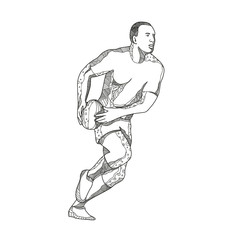 Doodle art illustration of a rugby player passing while running with ball in black and white done in mandala style.