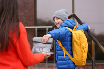 Mother giving lunch bag to her son in front of school