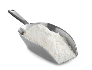 Scoop with flour on white background