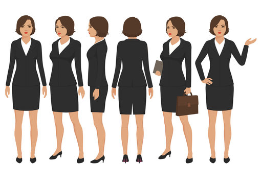 vector illustration of  secretary woman cartoon character, front, back and side view of businesswoman