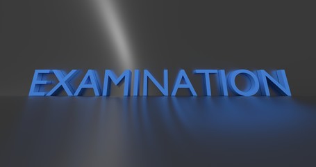 Examination word on grey background. 3D render.