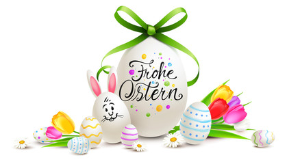 Ostereier bunt bemalt mit Kalligraphie, Osterhasen Ei und Blumen