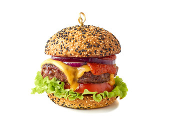 Tasty cheeseburger on white