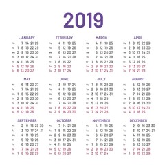 Simple wall calendar 2019 year, flat, isolated. Vertical calendar grid. Vector illustration of menology