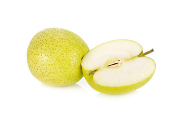 whole and half cut fresh Japanese Orin apple on white background