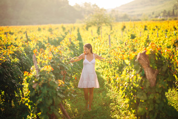 Fototapeta premium Smiling elegant woman in nature.Joy and happiness.Serene female in wine grape field in sunset.Wine growing field.Agricultural tourism.Visiting winery and vineyards.Wine expert,sommelier.Wine steward