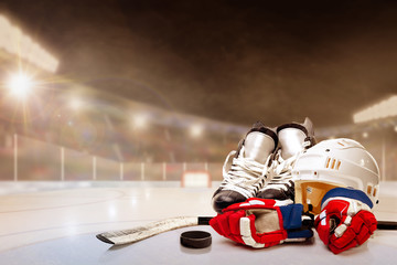 Outdoor Hockey Stadium With Equipment on Ice