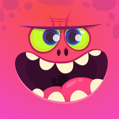 Angry cartoon monster face with big smile. Vector Halloween pink monster character