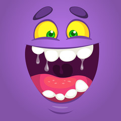 Cool happy cartoon monster face. Vector Halloween purple monster laughing with wide mouth smiling full of saliva.