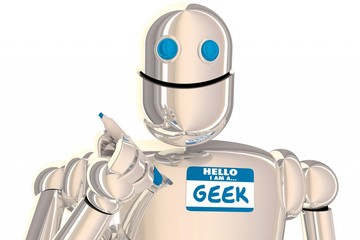 Obraz na płótnie Canvas Geek Robot Nerd Scientist Inventor Smart Name Tag 3d Illustration